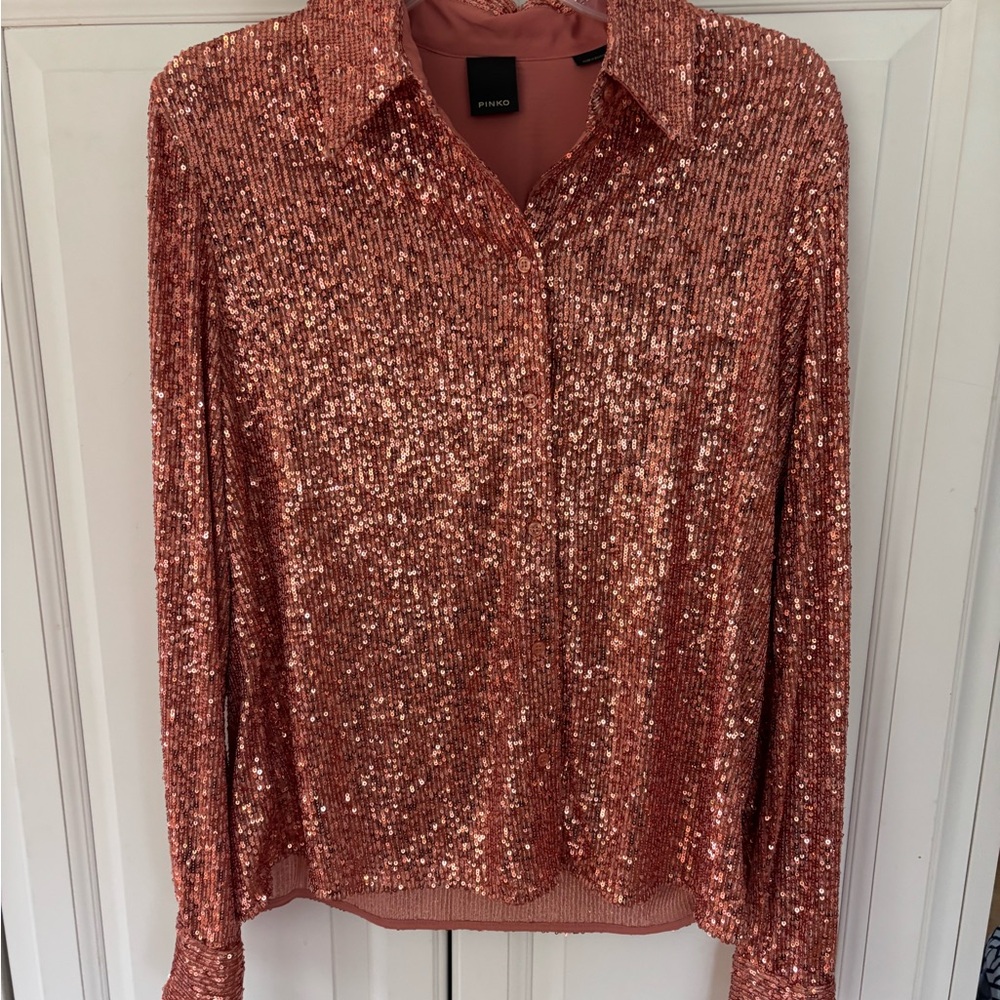 Pinko Gold Sequin Button Down Shirt with Notched Collar